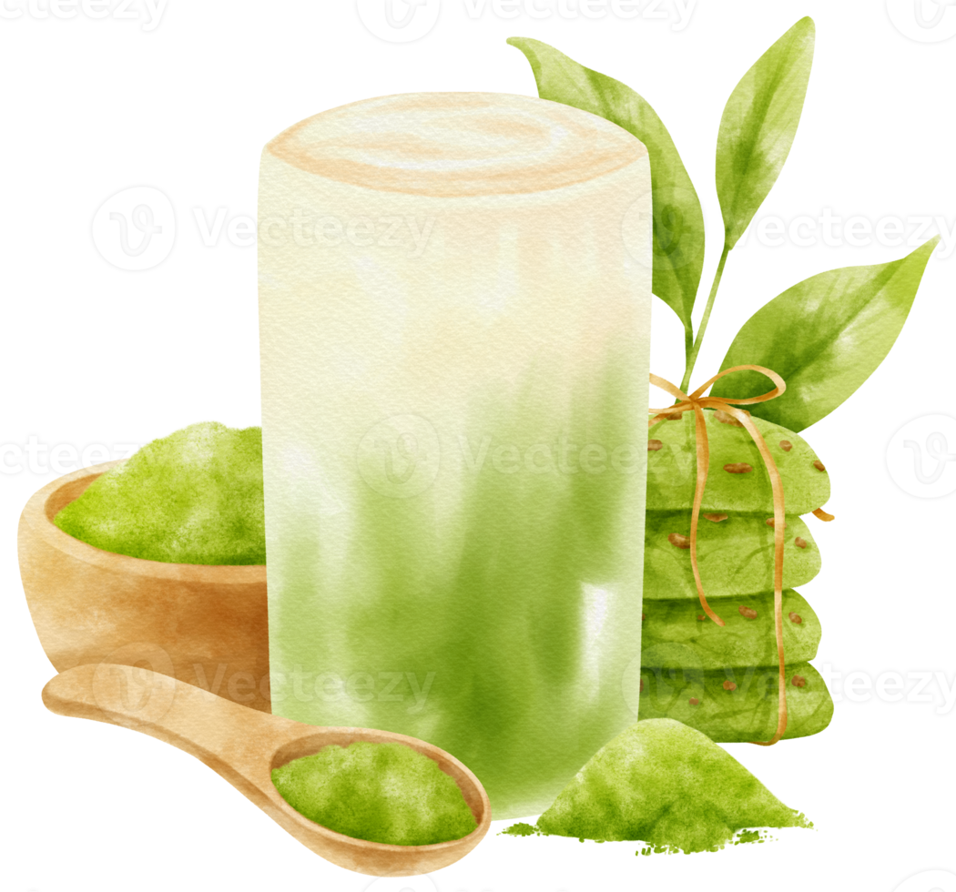 Matcha green tea latte drink composition watercolor png