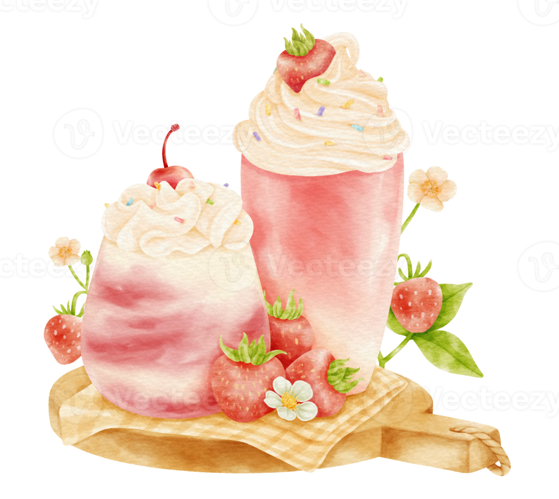 aquarelle de composition de boisson smoothie aux fraises png