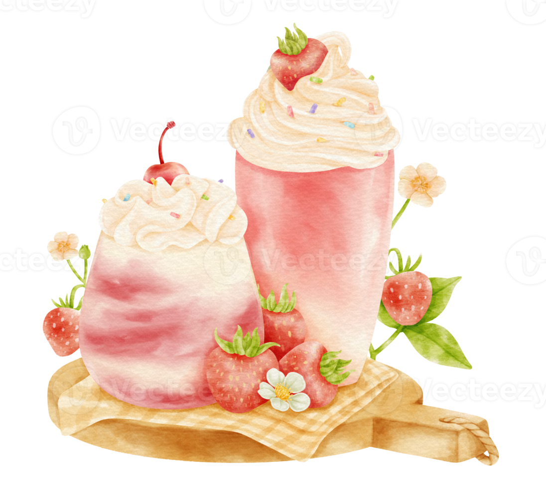 Erdbeer-Smoothie-Getränk-Zusammensetzung Aquarell png