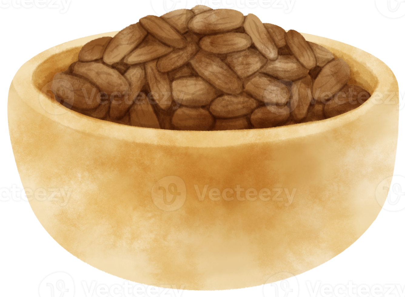 watercolor cocoa beans in wooden bowl png