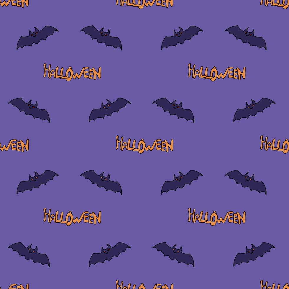 Seamless pattern with bat and text on violet background. Vector image.