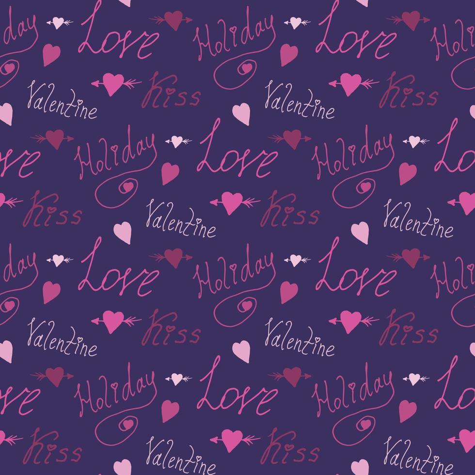 Seamless pattern with the words love, kiss, holiday, valentine and hearts on violet background for fabric, textile, clothes, tablecloth and other things. Vector image.