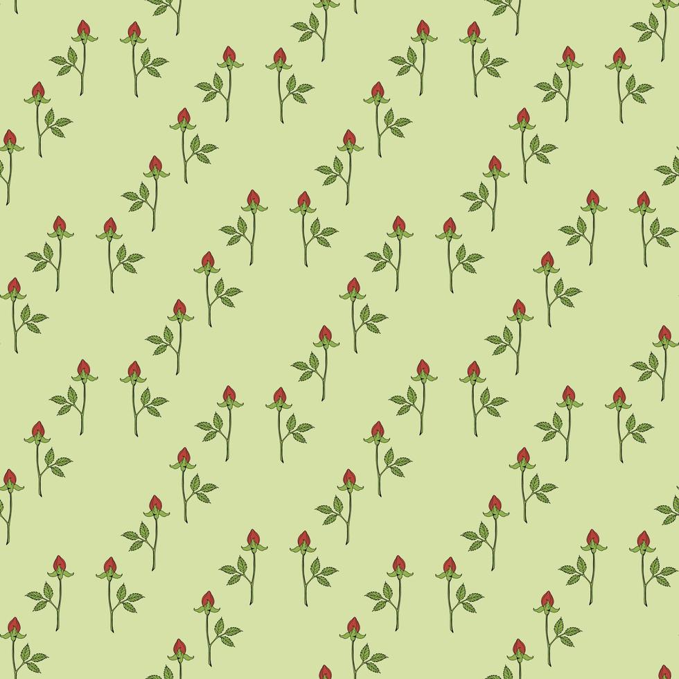 Seamless pattern with positive rose buds on light green background. Vector image.