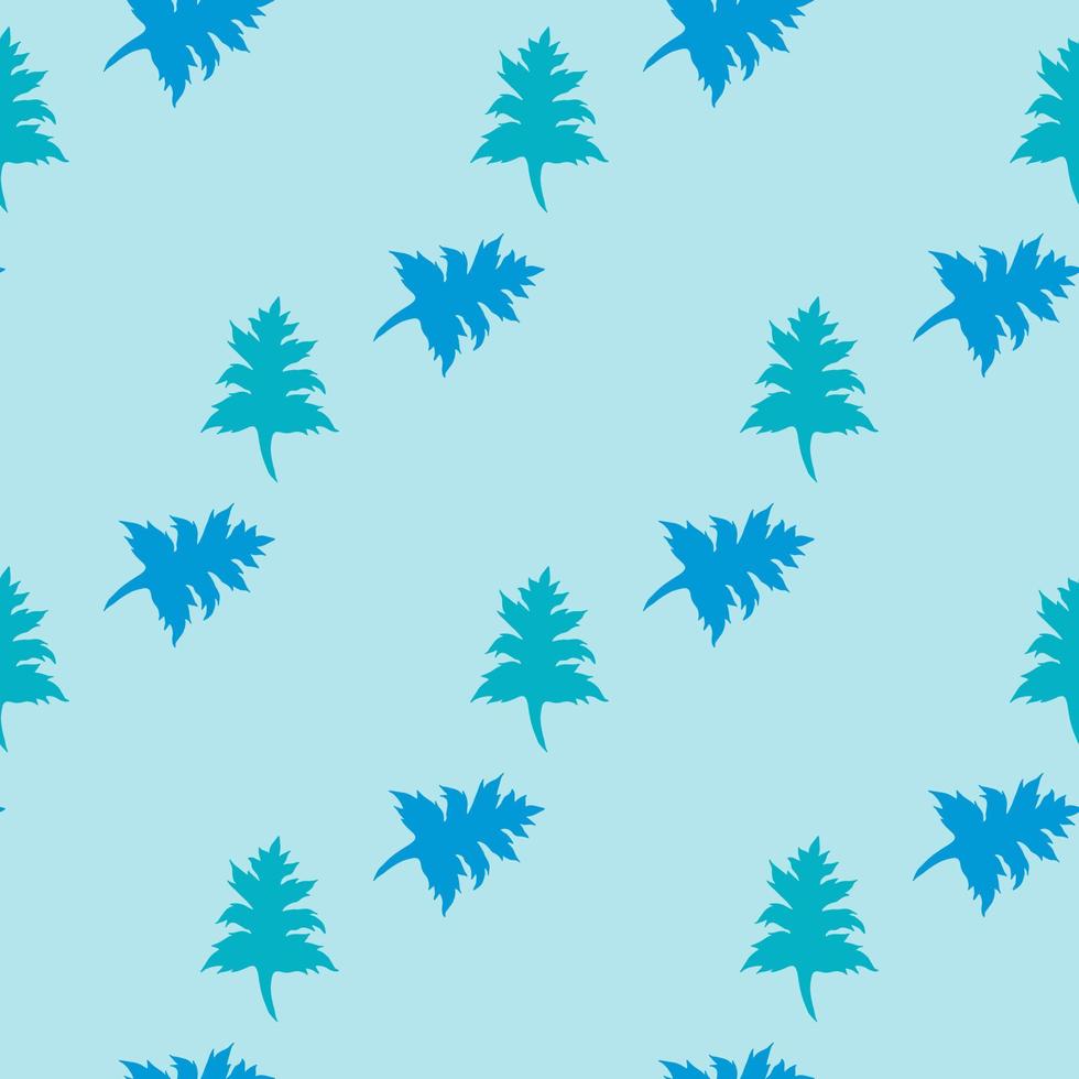 Seamless pattern with bright blue leaves on light blue background. Vector image.