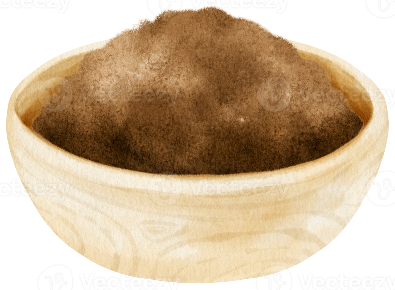 watercolor cocoa powder in wooden bowl png