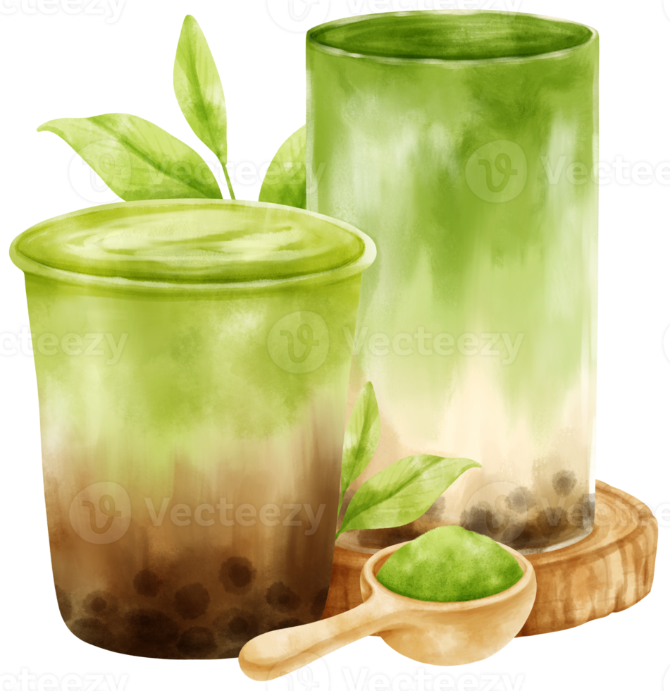 té de leche matcha latte con composición de burbujas acuarela png