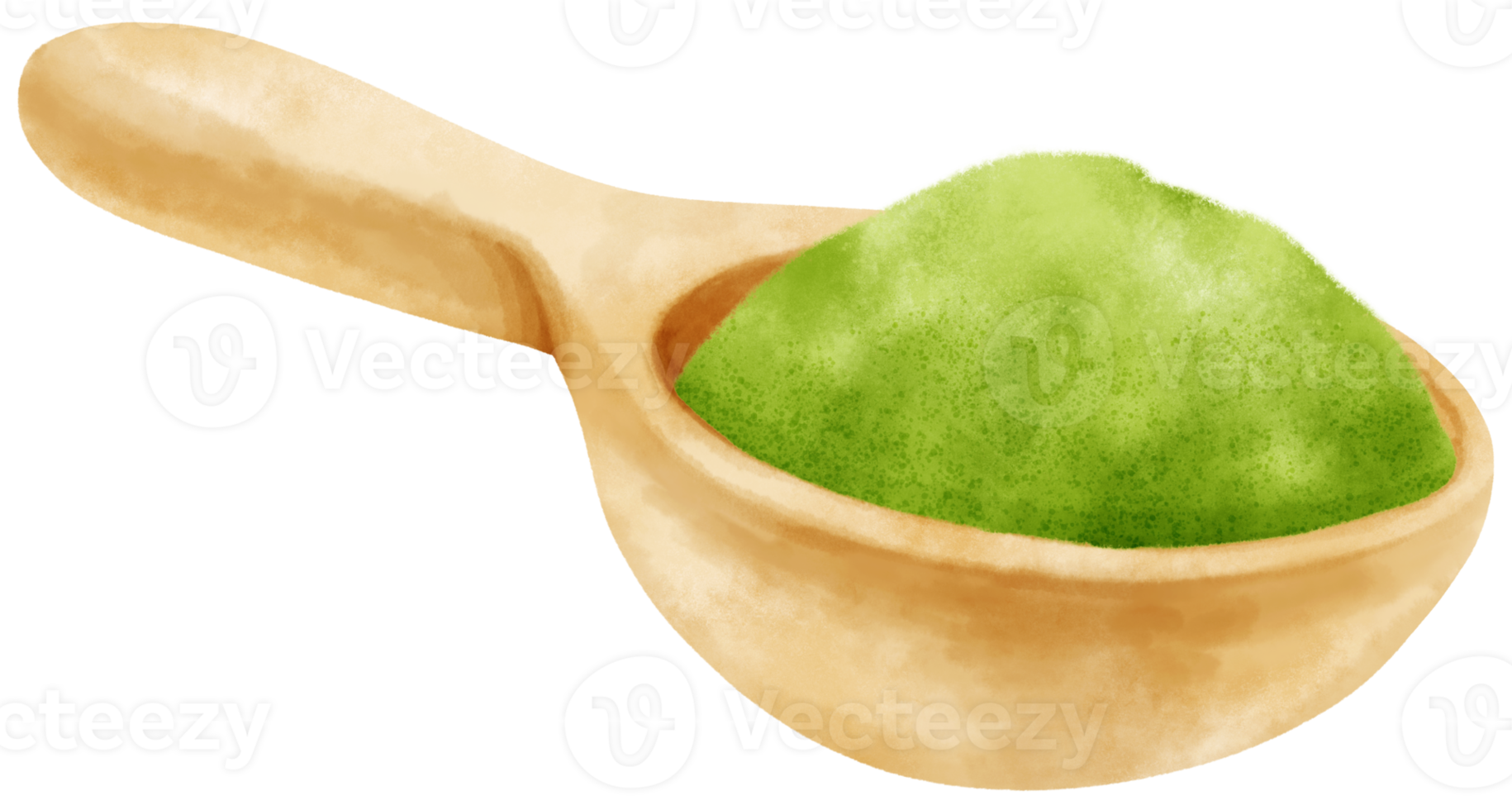 matcha powder watercolor in wooden scoop illustration png