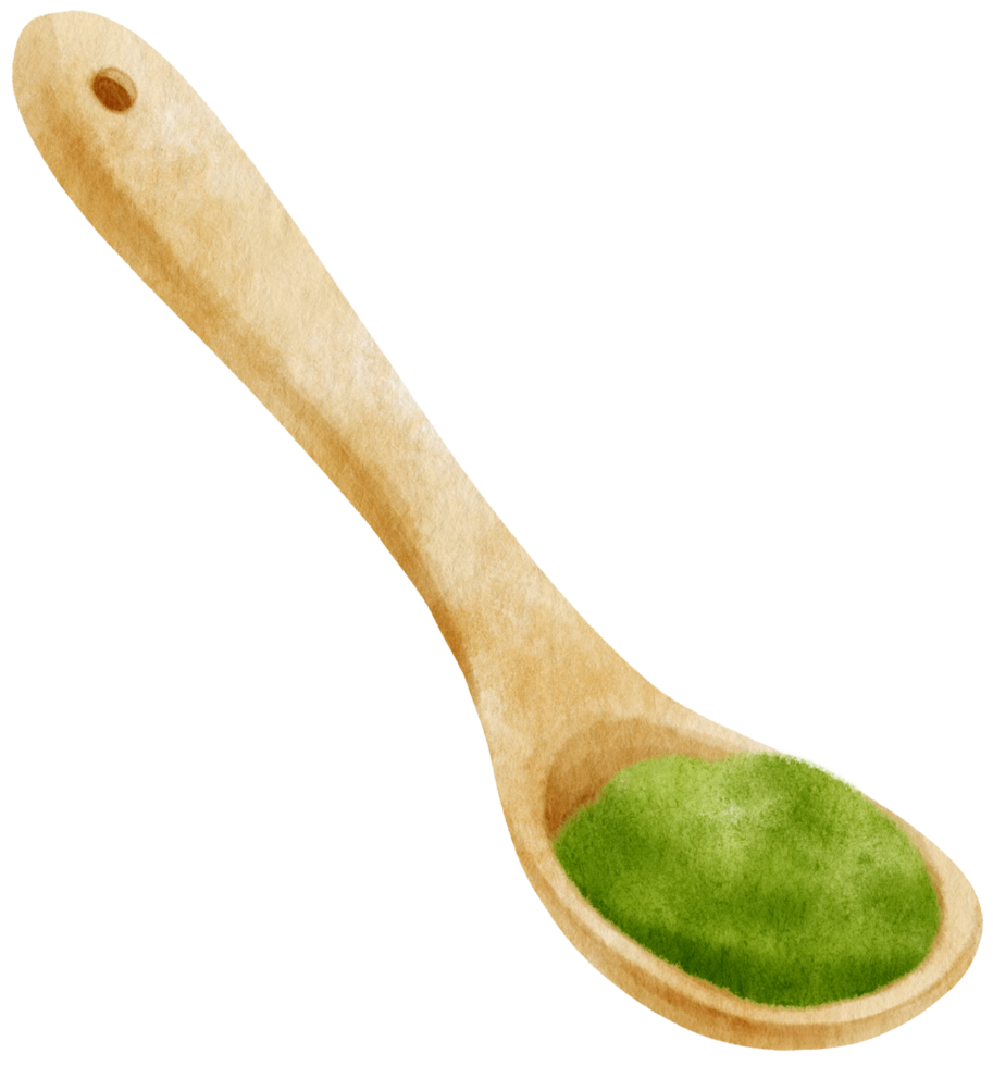 green tea matcha powder in wooden spoon watercolor png