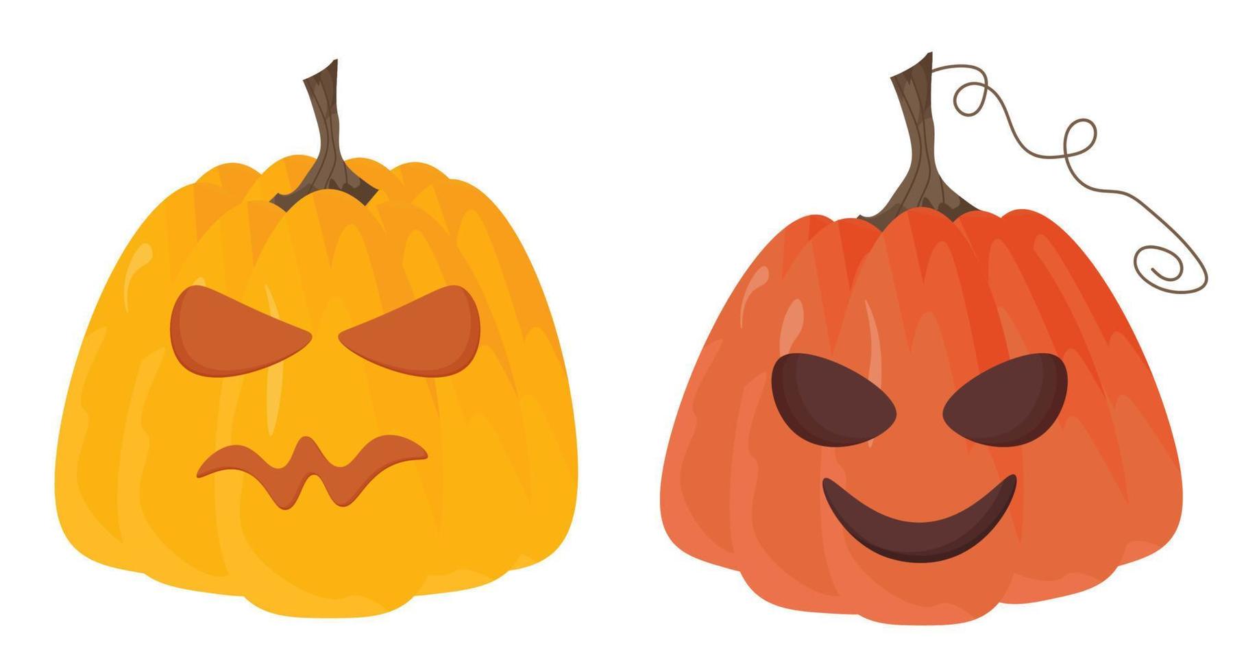 conjunto de calabazas de halloween talladas aterradoras con una cara espeluznante, jack-o-lantern, símbolos de vacaciones de halloween. colección de ilustraciones vectoriales para decoración navideña, postales, invitaciones, banner vector