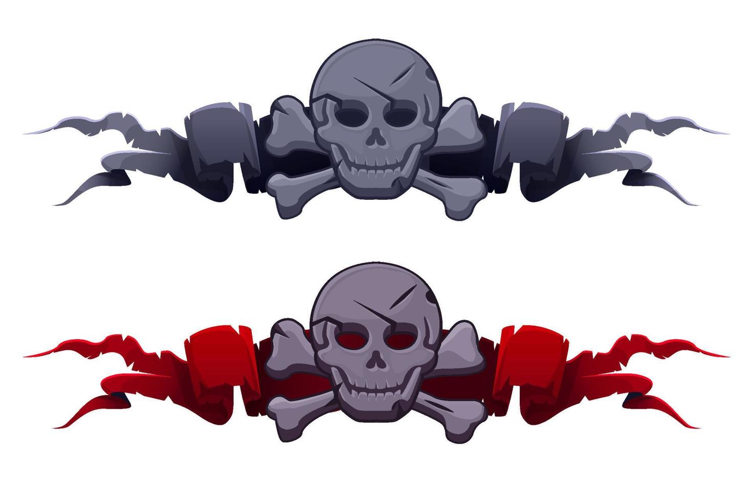 Stone Skull on the award ribbons for the game ui. Vector illustration set of gray tag banners, rock scary skulls for graphic design.