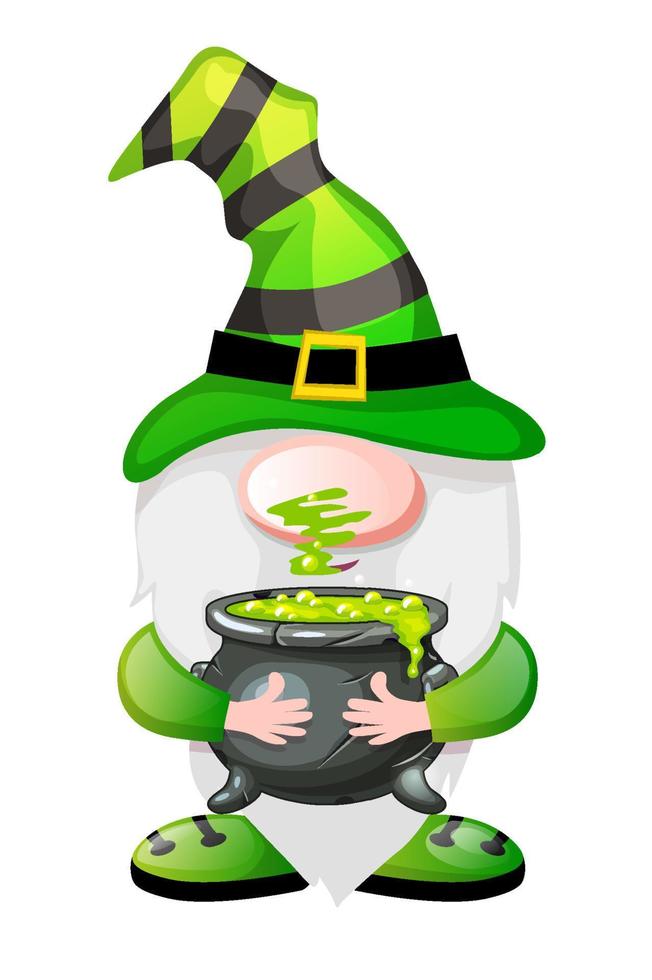 Cartoon green gnome with magic potion for Halloween Day. Vector illustration, postcard banner with festive dwarf.