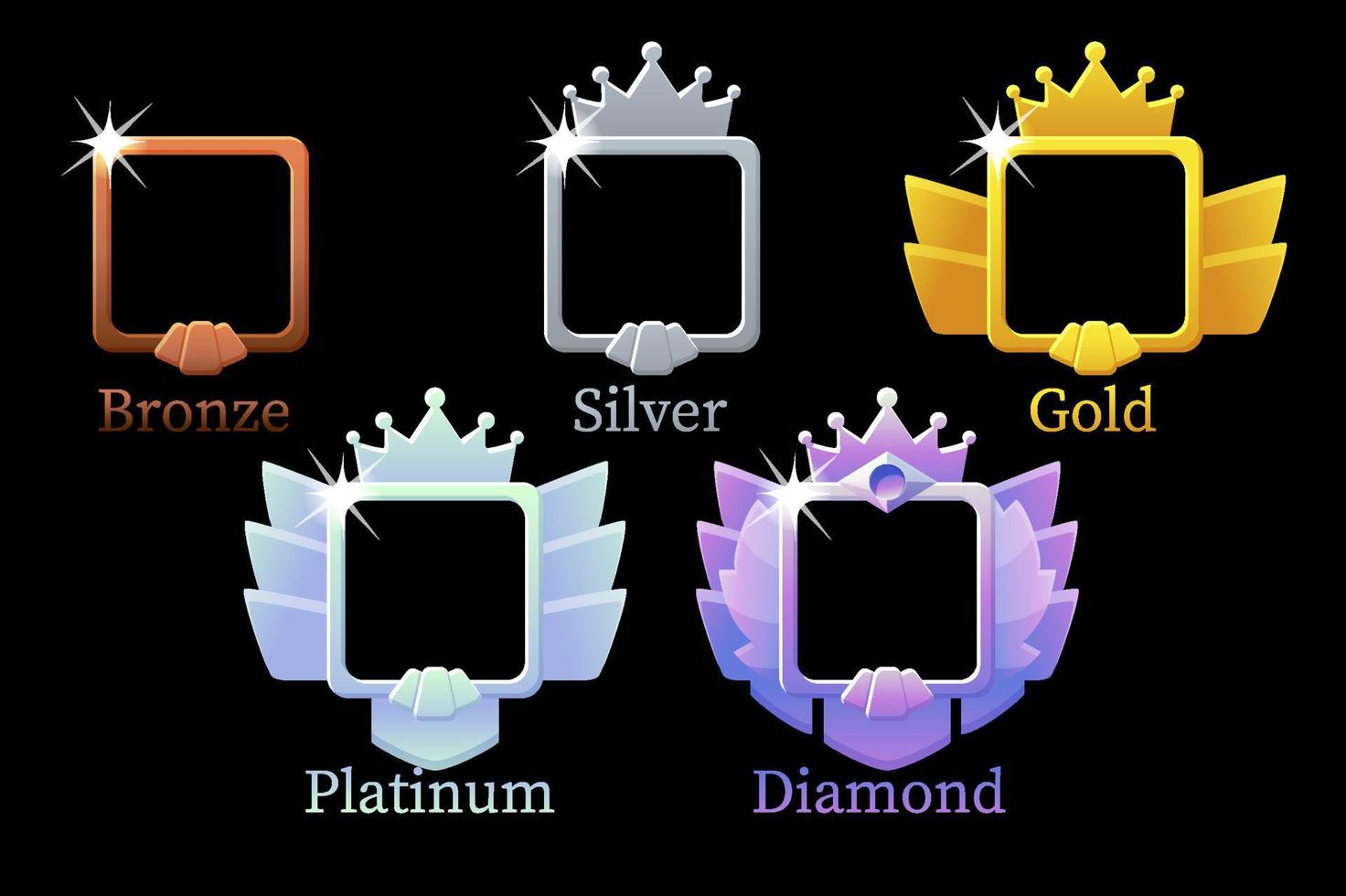 Square frames game rank, gold, silver, platinum, bronze, diamond avatar template for game. vector