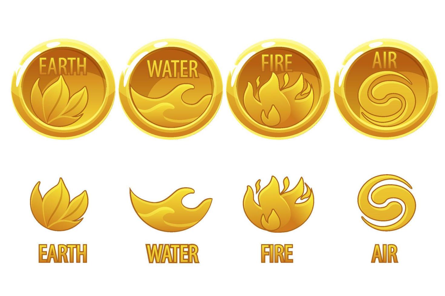 4 elementos naturaleza, iconos de arte dorado agua, tierra, fuego, aire para el juego. vector