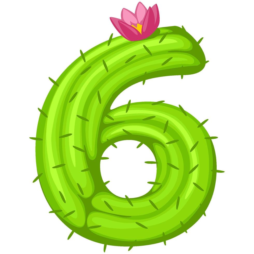 Cartoon cactus number 6 with flower font kids numbers. Green figure Six vector