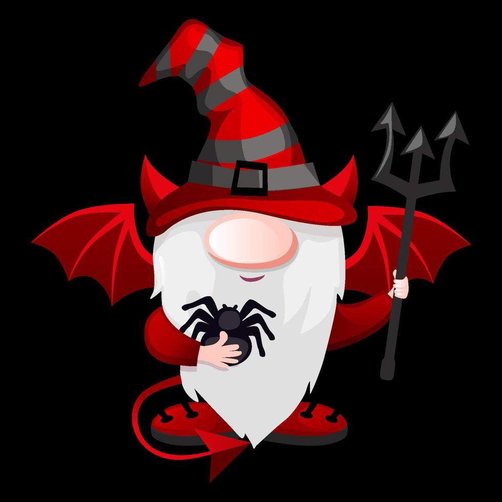 Cartoon Devil Gnome with with the devils trident. Halloween leprechaun character with spider vector