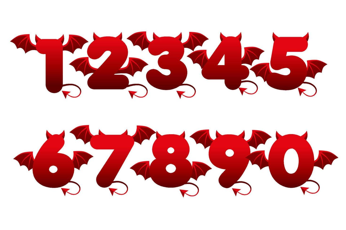 Números rojos del diablo con alas para juegos de interfaz de usuario. conjunto de ilustración vectorial de números de demonio de dibujos animados de miedo. vector