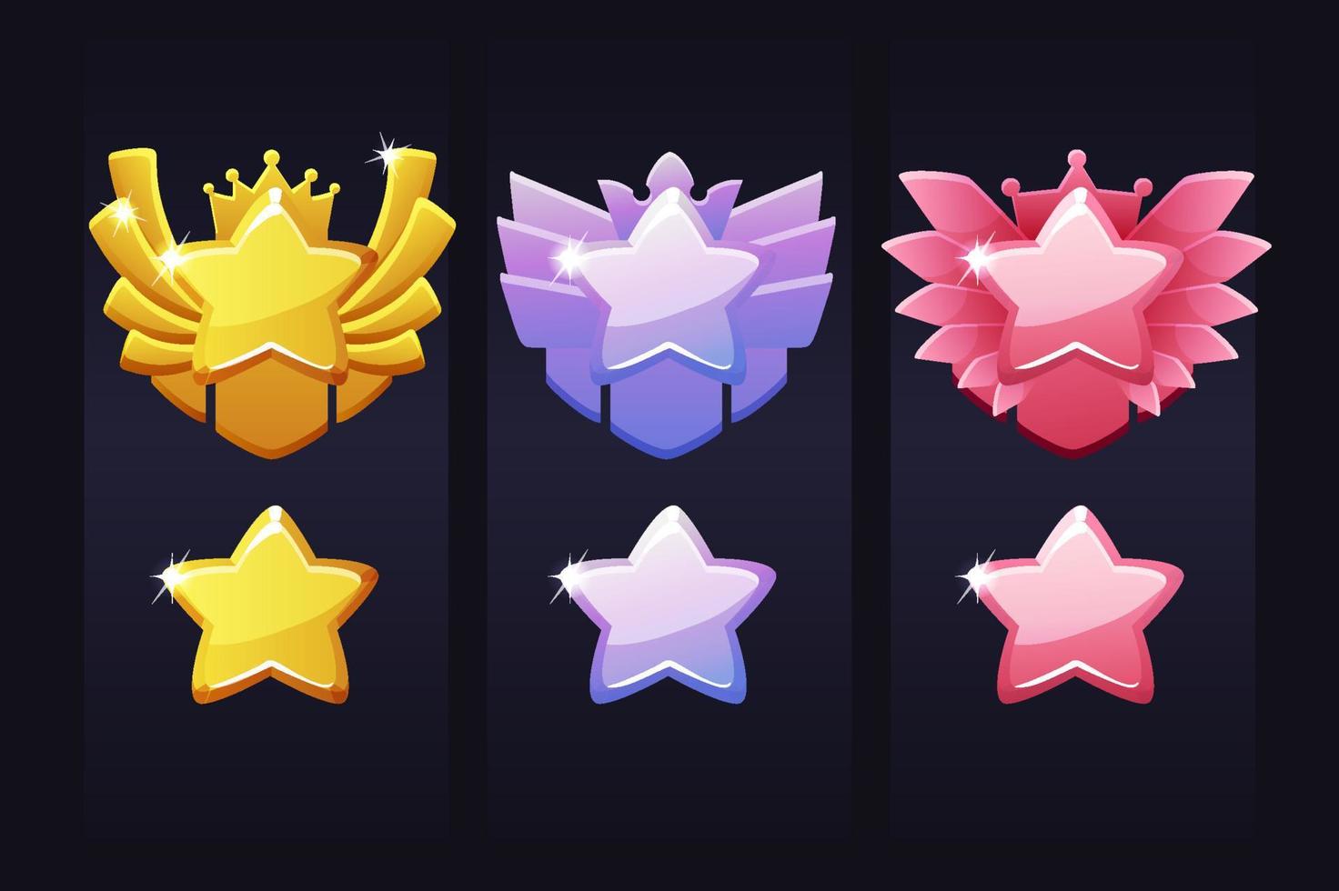 estrellas de logros para el juego, etiquetas de premios para el ganador. conjunto de ilustraciones vectoriales de iconos de estrellas de colores para diseño gráfico. vector
