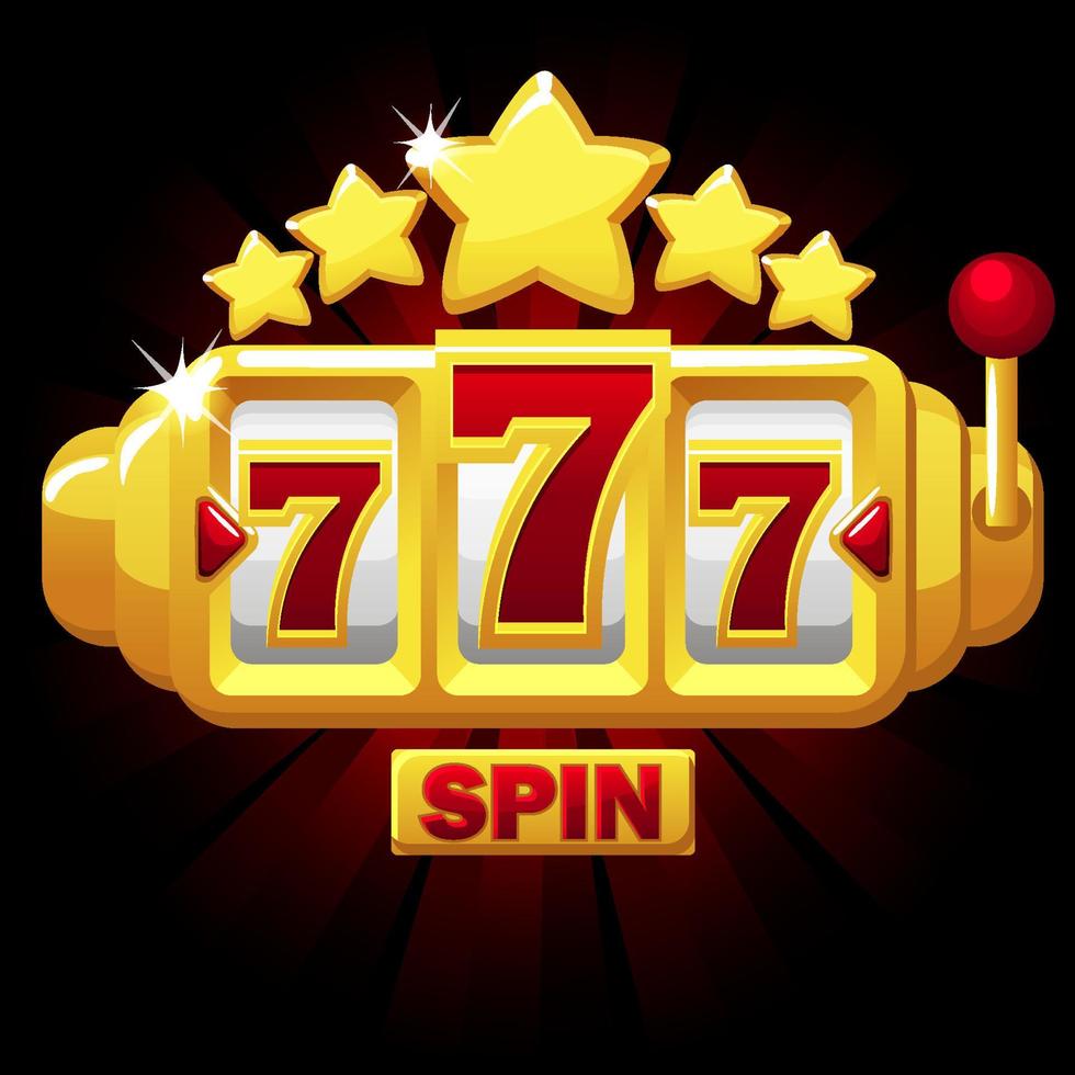 777 slots symbol, jackpot sign, gold emblem with stars for ui games. Vector illustration banner gambling symbol of victory in slot machines.