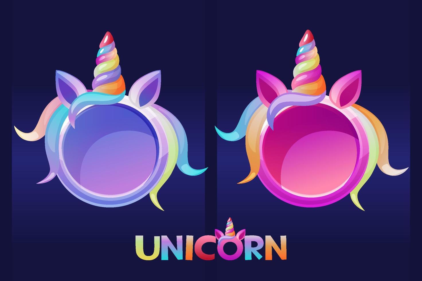 marcos redondos de unicornio, avatares en blanco de dibujos animados para diseño gráfico. ilustración vectorial conjunto marcos lindos plantillas de cara de unicornio para juegos. vector