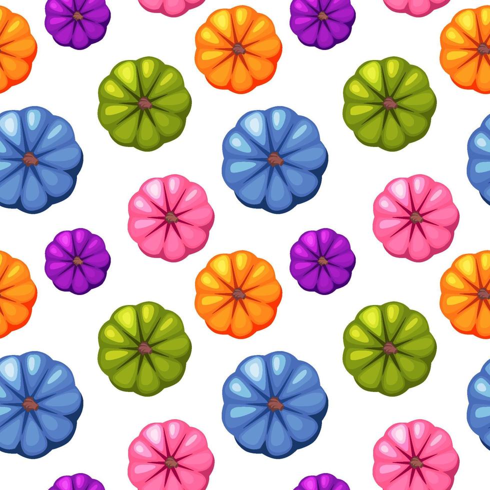 calabazas de colores de patrones sin fisuras para papel tapiz, diseño de juegos. ilustración vectorial fondo vegetal brillante de halloween vector