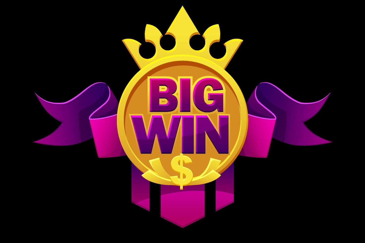 Big win with purple ribbon, dollar sign, crown for ui games. vector