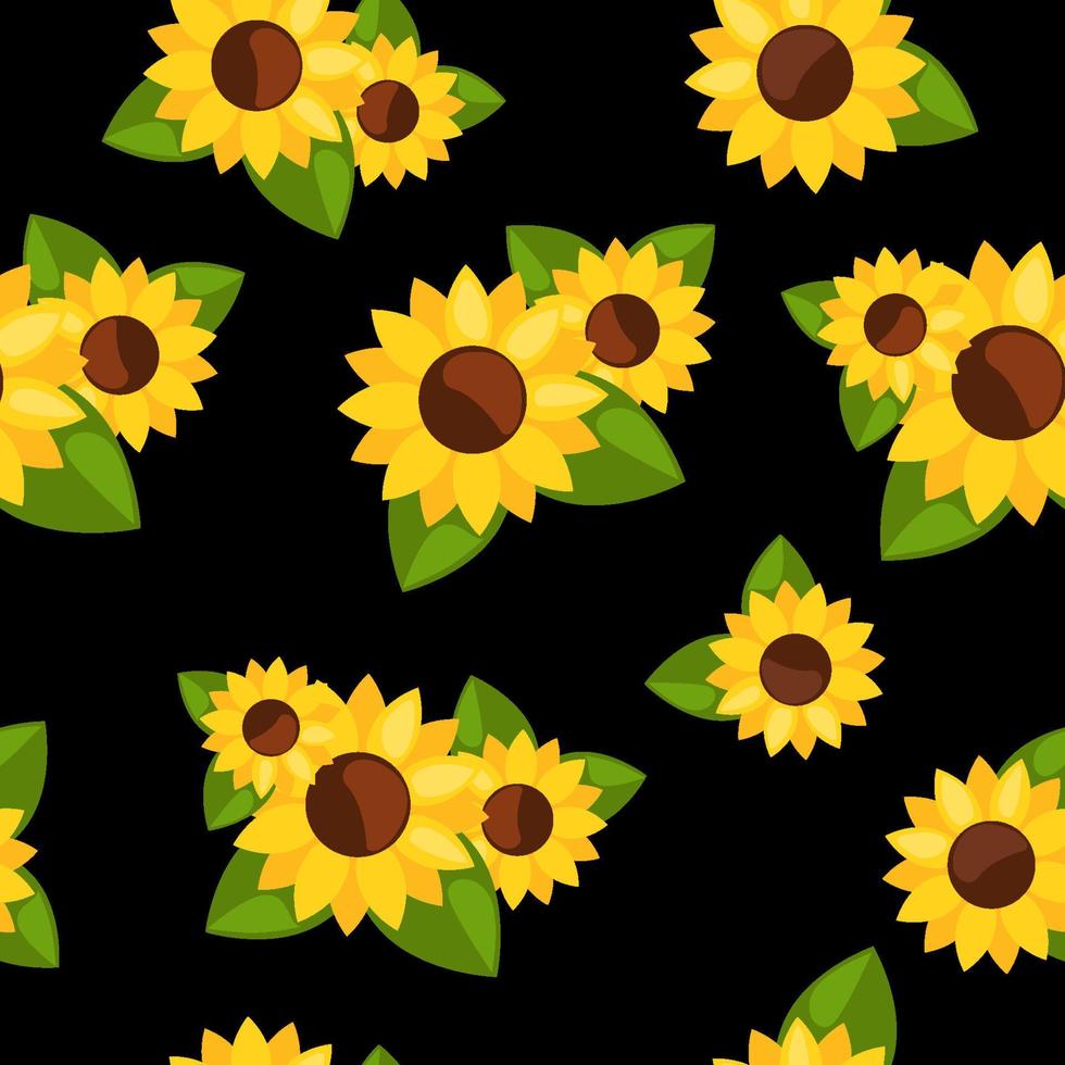 Seamless pattern with sunflowers on black background. vector