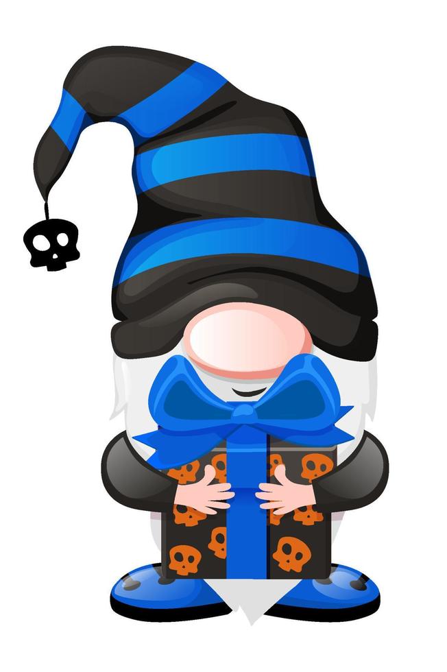 Gnome with gift Box for Halloween Day. Vector illustration, postcard banner with festive dwarf.