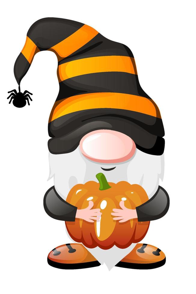 Gnome with orange pumpkin for Halloween Day. Vector illustration, postcard banner with festive dwarf.