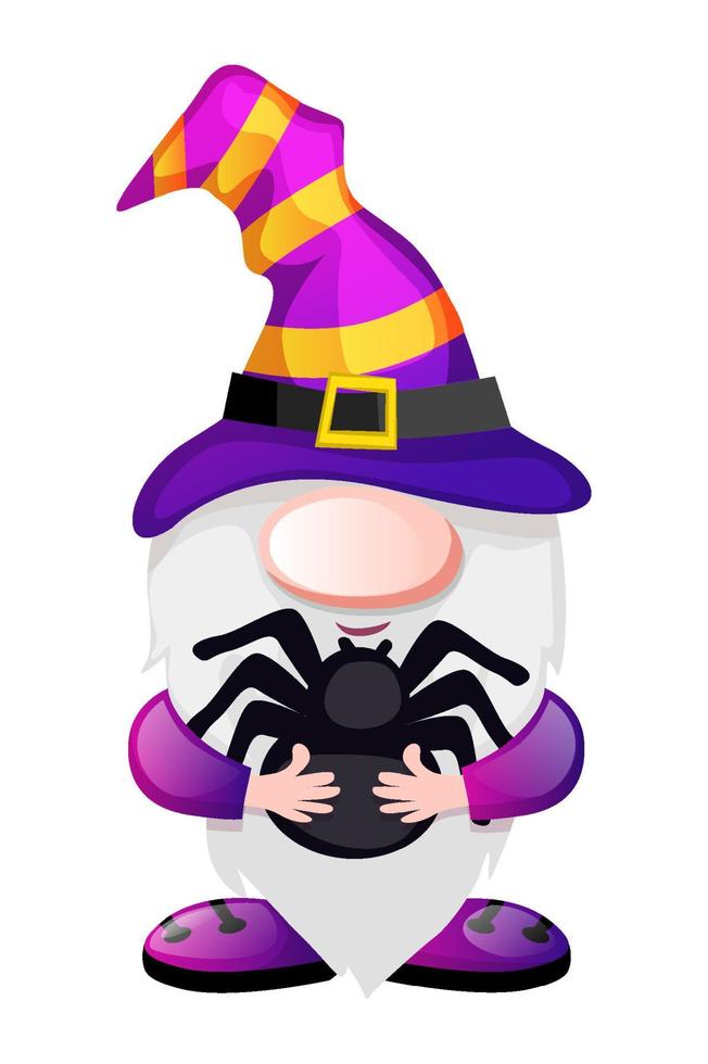 gnomo de halloween con araña negra para el día de halloween. ilustración vectorial, banner postal con enano festivo. vector