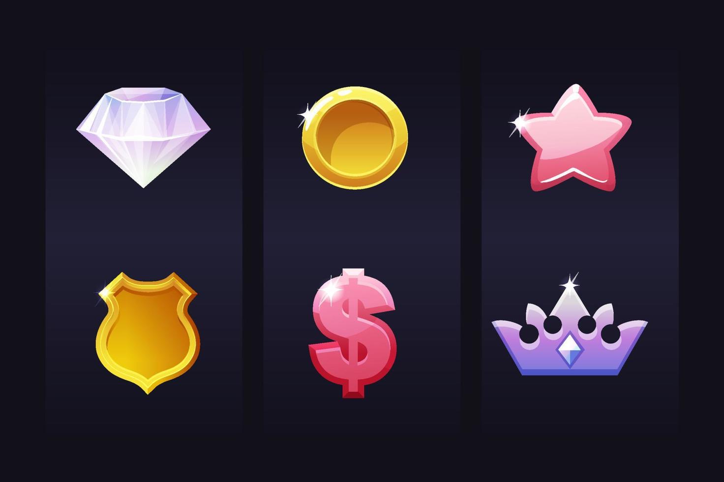 Set icons for game, signs diamond, crown, dollar, star for assets. Vector illustration collection objects templates for ui.