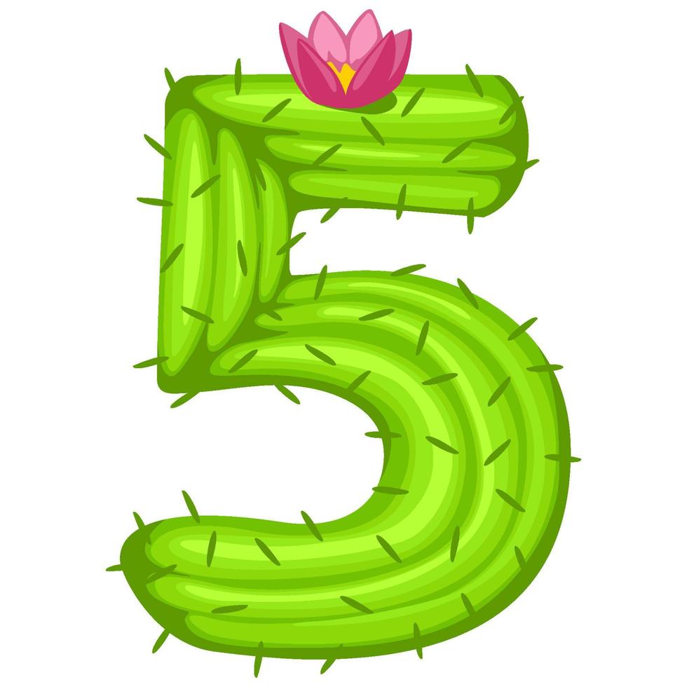 Cartoon cactus number 5 with flower font kids numbers. Green figure Five vector