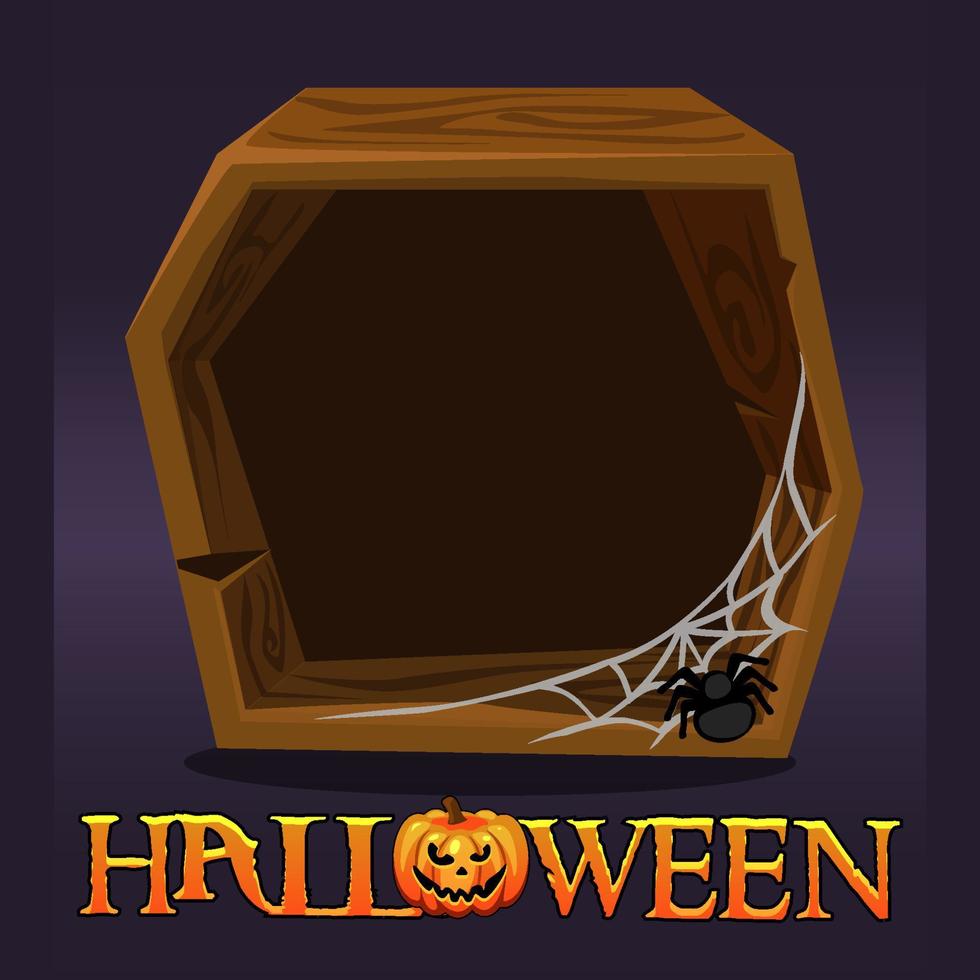 Halloween wooden frame avatar, blank template with spider web for game. vector