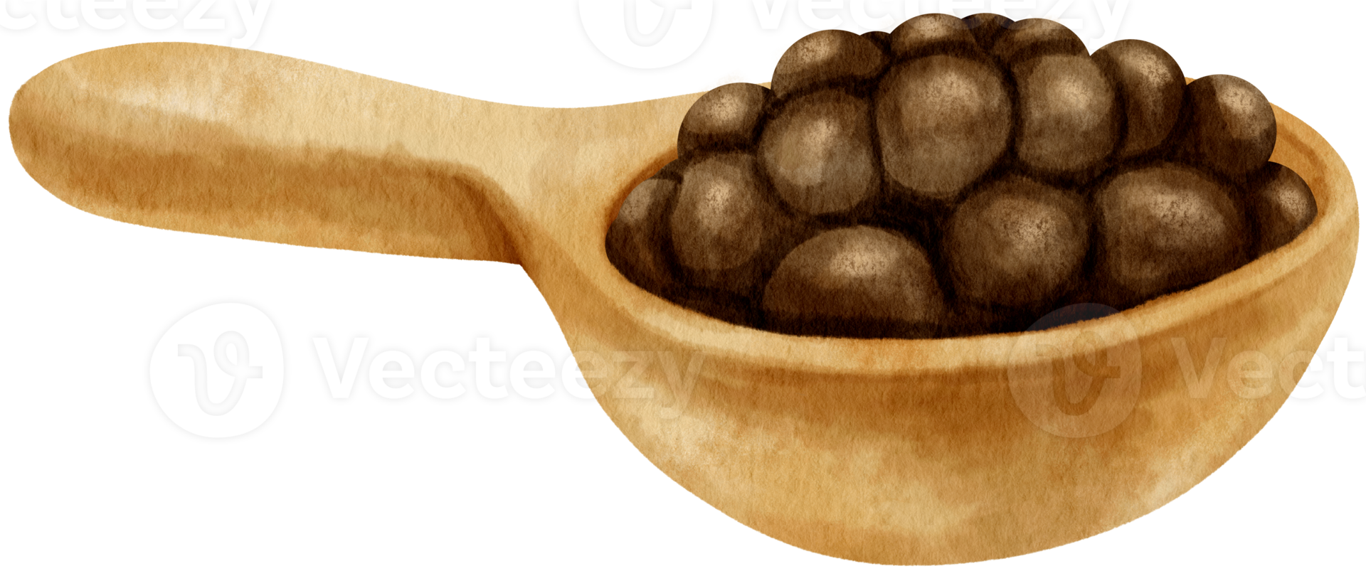 Wooden scoop with bubble tea watercolor illustration png