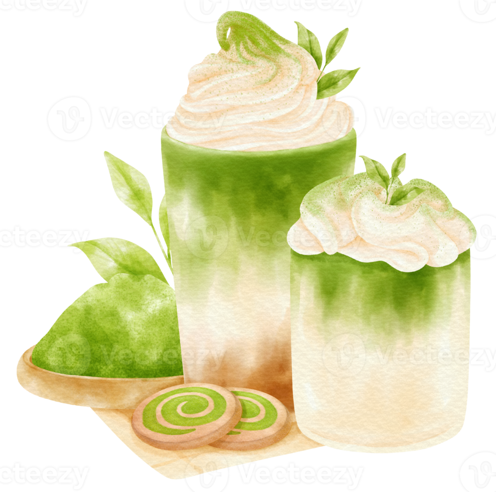 Matcha green tea latte drink composition watercolor png