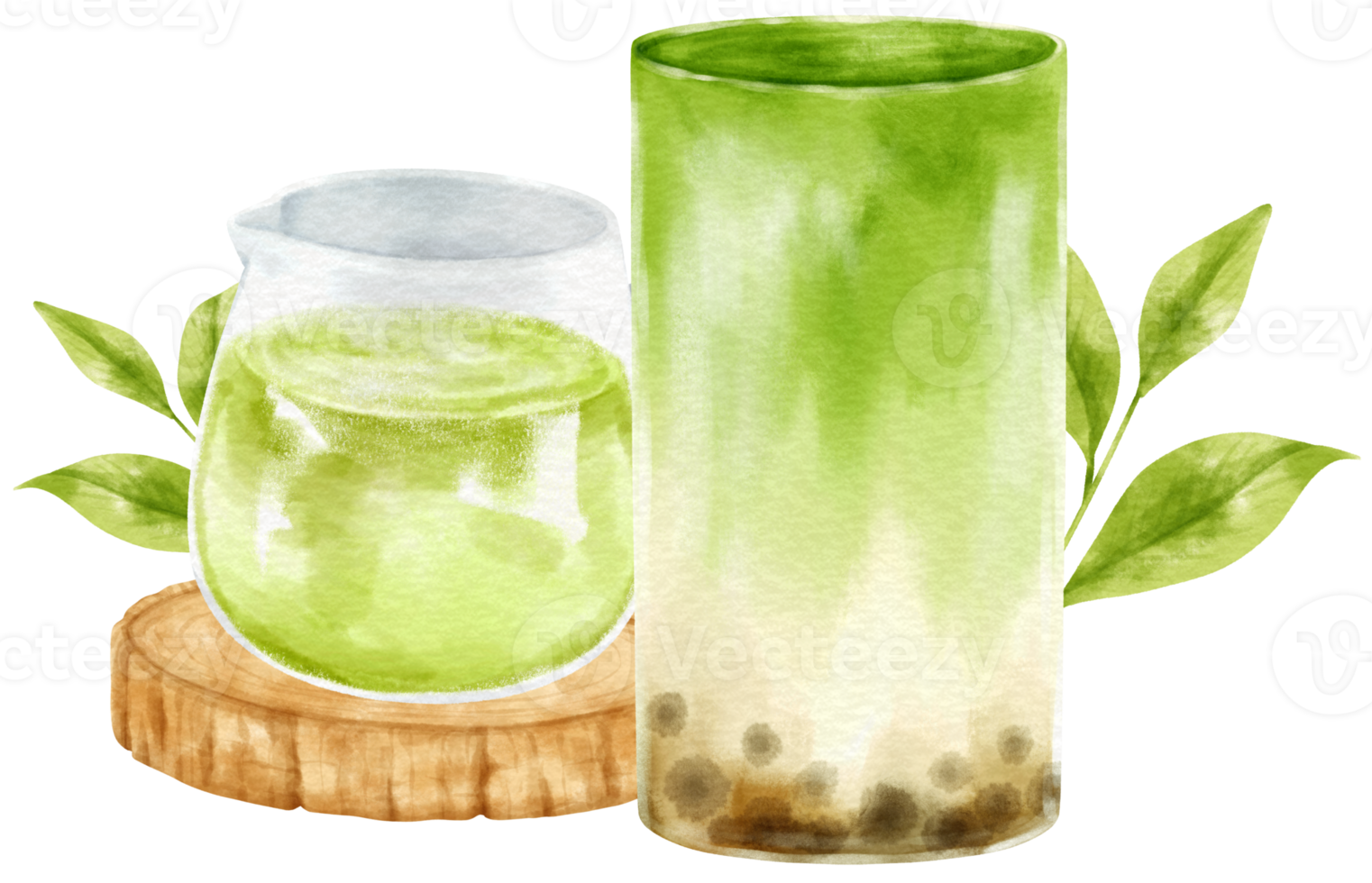 té de leche matcha latte con composición de burbujas acuarela png