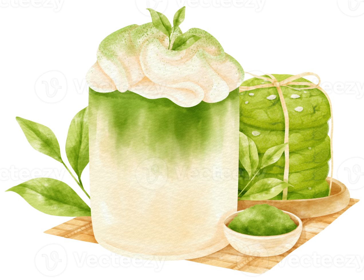 Matcha green tea latte drink composition watercolor png