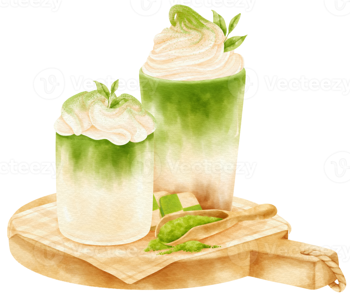 Matcha green tea latte drink composition watercolor png