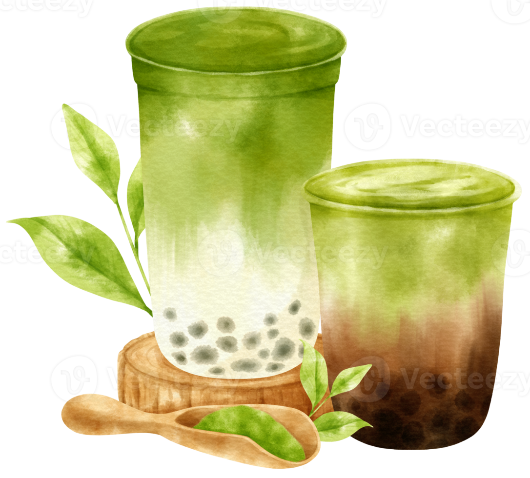 matcha latte milk tea with bubble composition watercolor png