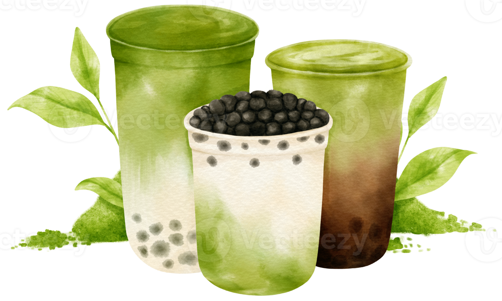 matcha latte milk tea with bubble composition watercolor png