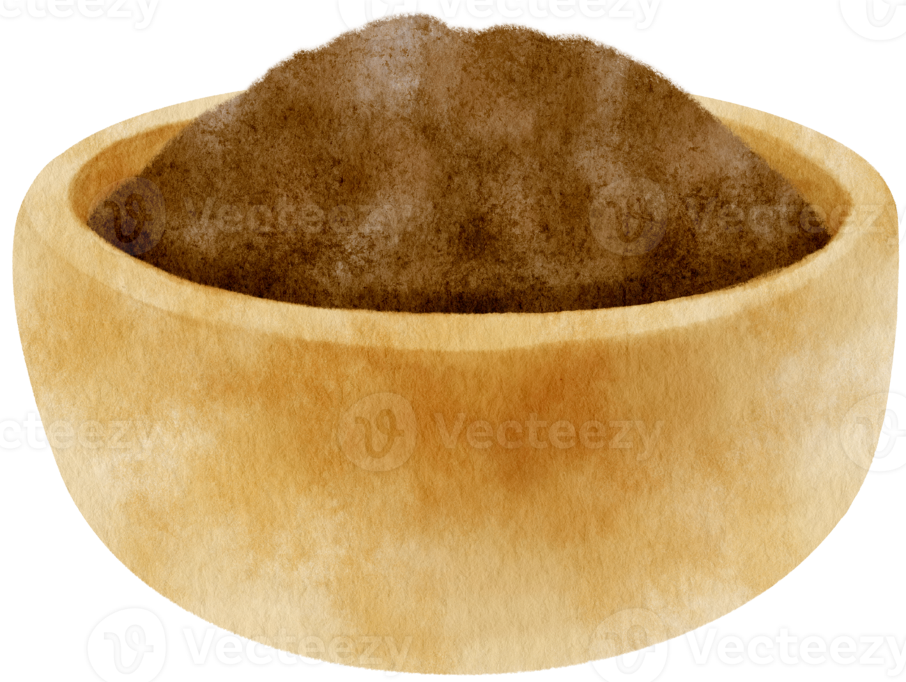 watercolor cocoa powder in wooden bowl png