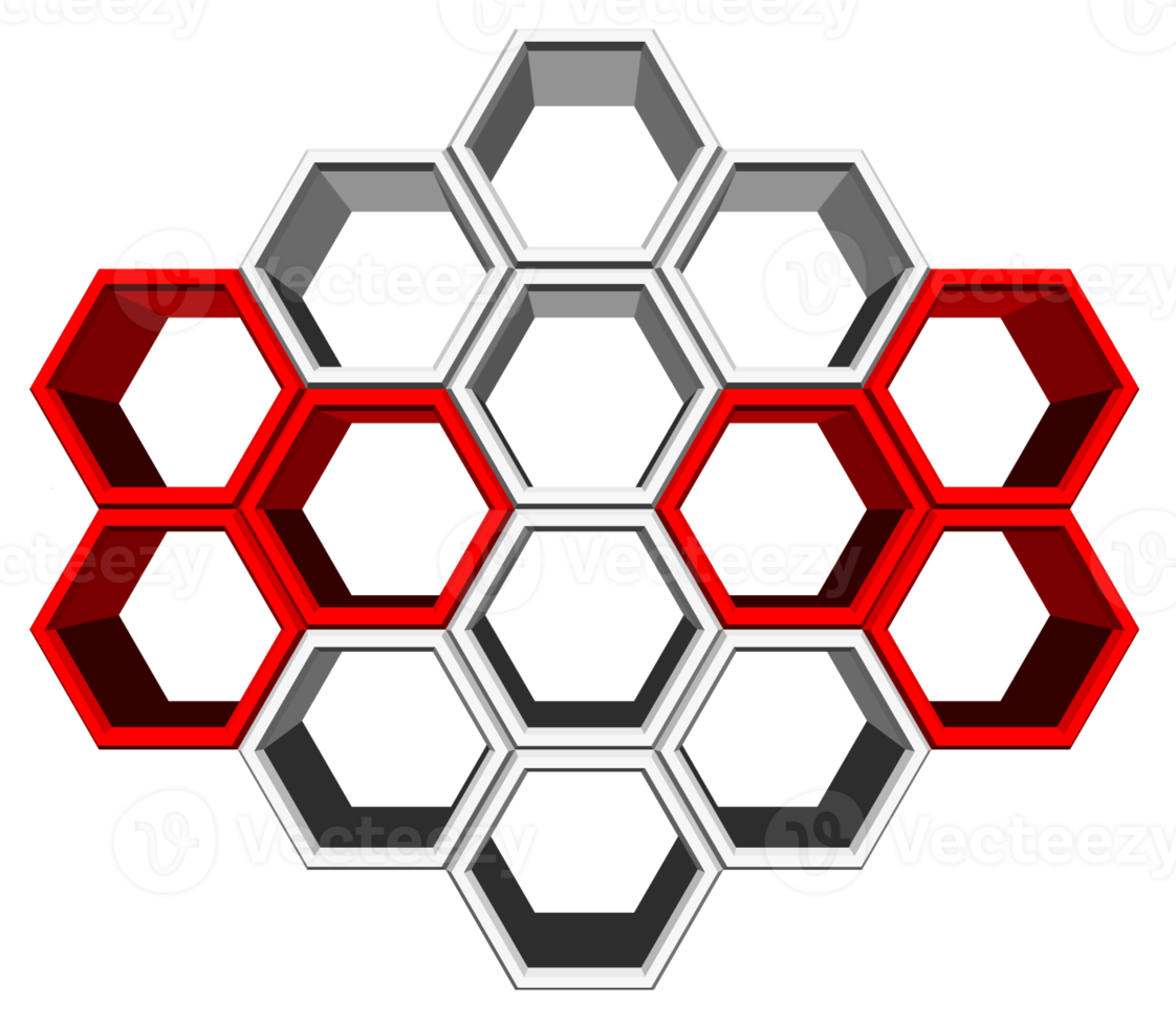 Bloc hexagonal 3ds aligné sur de nombreuses formes, bloc vierge pour ajouter votre texte ou libellé png