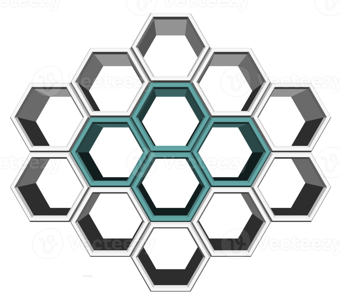 Bloc hexagonal 3ds aligné sur de nombreuses formes, bloc vierge pour ajouter votre texte ou libellé png