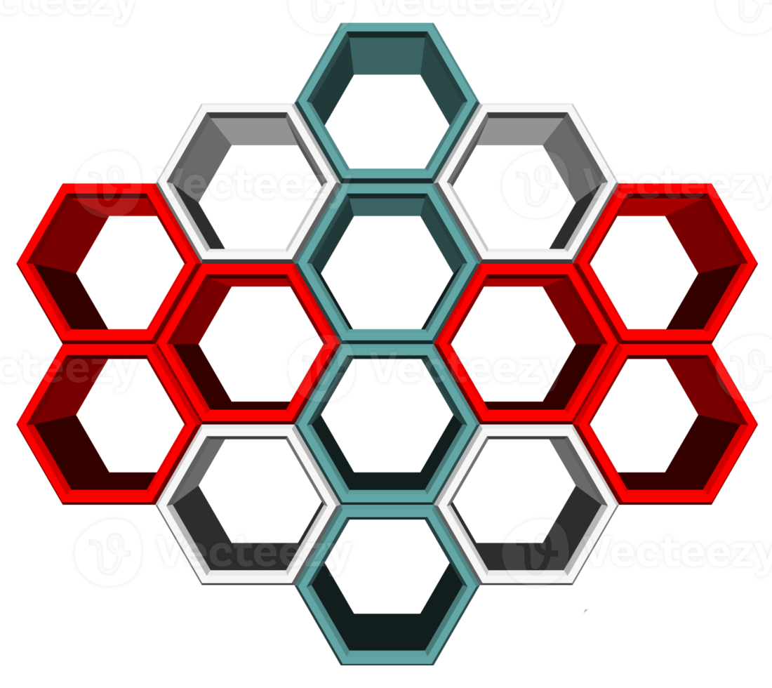 Bloc hexagonal 3ds aligné sur de nombreuses formes, bloc vierge pour ajouter votre texte ou libellé png