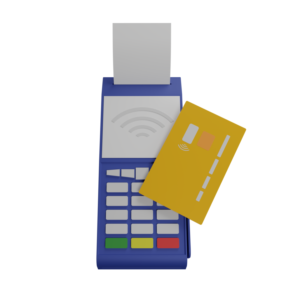 Payment terminal, POS terminal with check and credit card. Approved payment. 3D rendering, png file