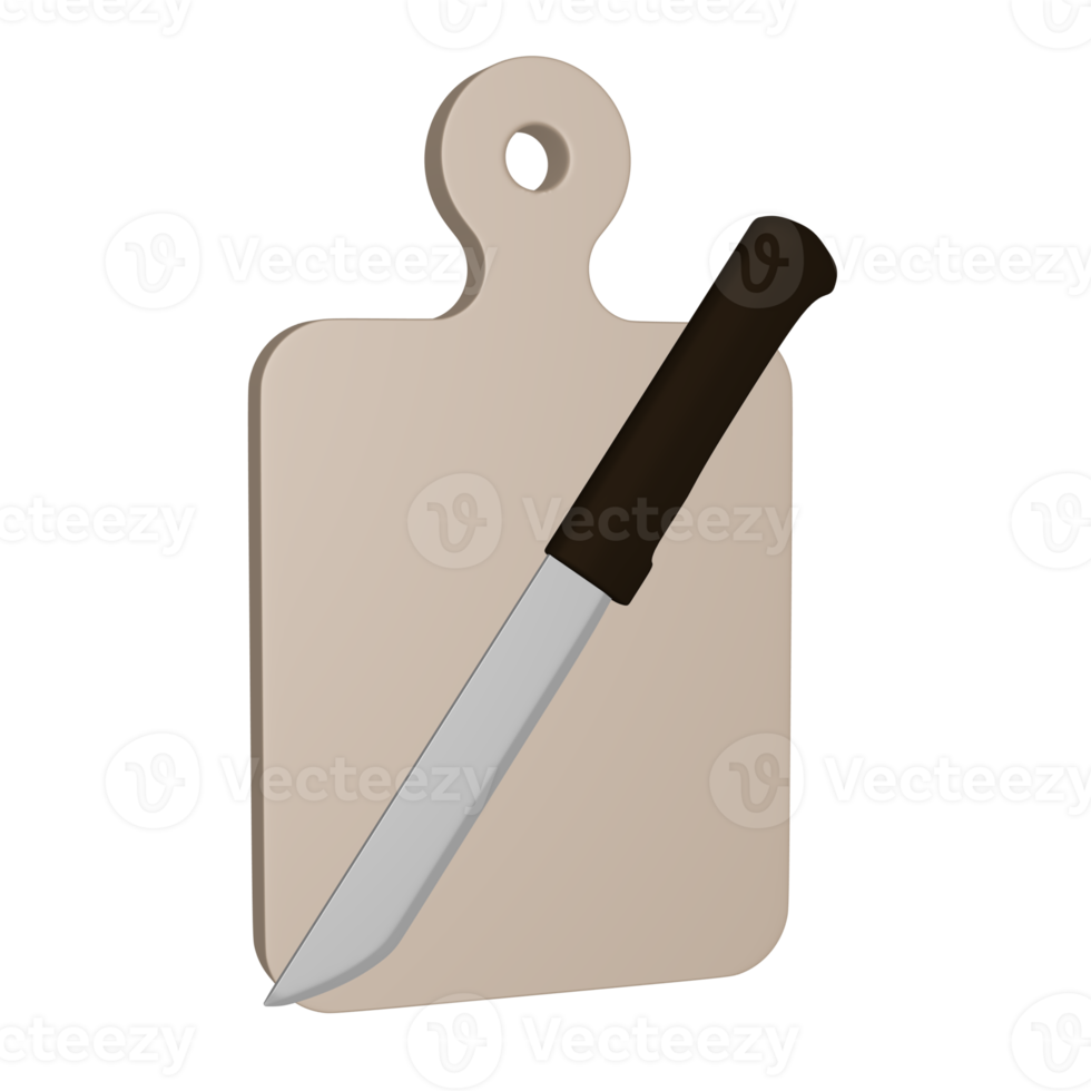 Cutting board and knife illustration 3D image isolated transparent background png