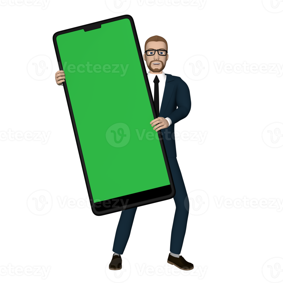 personaje de hombre de negocios sosteniendo un gran teléfono inteligente con ilustración de pantalla verde en blanco imagen 3d fondo transparente png