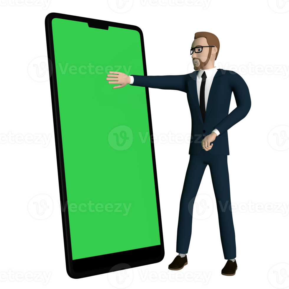 personaje de hombre de negocios que opera un gran teléfono inteligente con ilustración de pantalla verde en blanco imagen 3d fondo transparente png