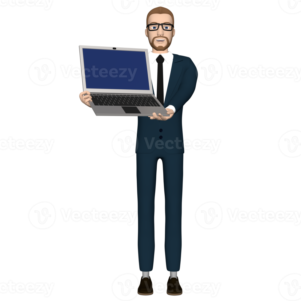 Businessman character holding laptop illustration 3D image transparent background png