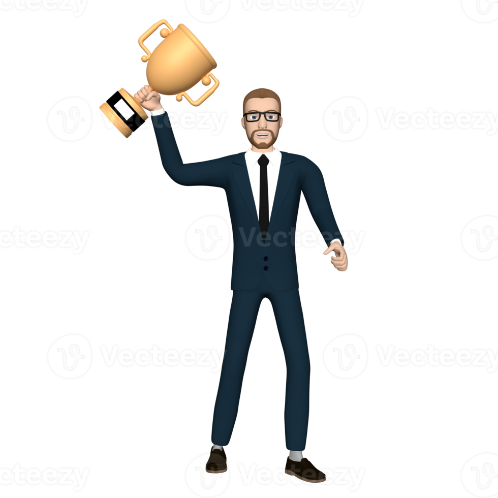 Businessman character holding trophy illustration 3D image transparent background png