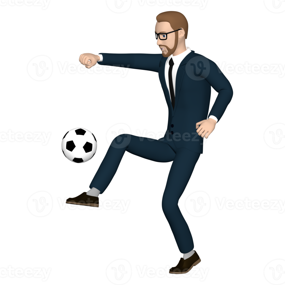 Businessman character playing football illustration 3D image transparent background png